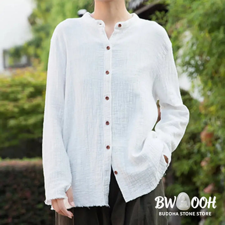 Buddha Stones Literary Artistic Double-Layered Sand Wash Cotton Linen Clothing - Women’s Shirts