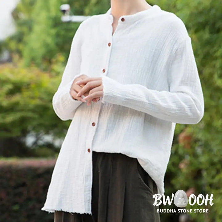 Buddha Stones Literary Artistic Double-Layered Sand Wash Cotton Linen Clothing - Women’s Shirts