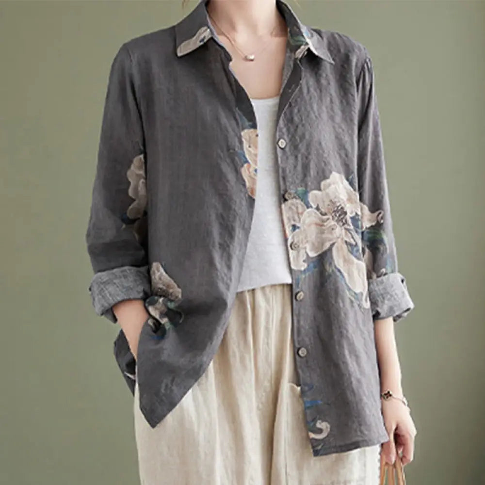 Buddha Stones Literary Artistic Flower Print Cotton Clothing - Gray / US2，UK/AU6，EU34 (M) - Women’s Shirts