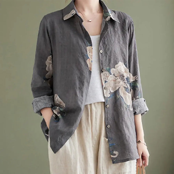 Buddha Stones Literary Artistic Flower Print Cotton Clothing - Gray / US2，UK/AU6，EU34 (M) - Women’s Shirts
