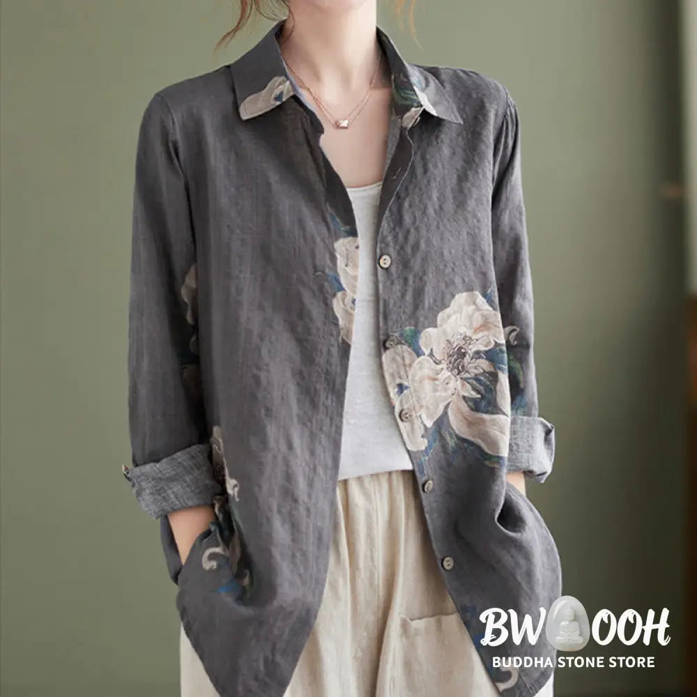 Buddha Stones Literary Artistic Flower Print Cotton Clothing - Women’s Shirts