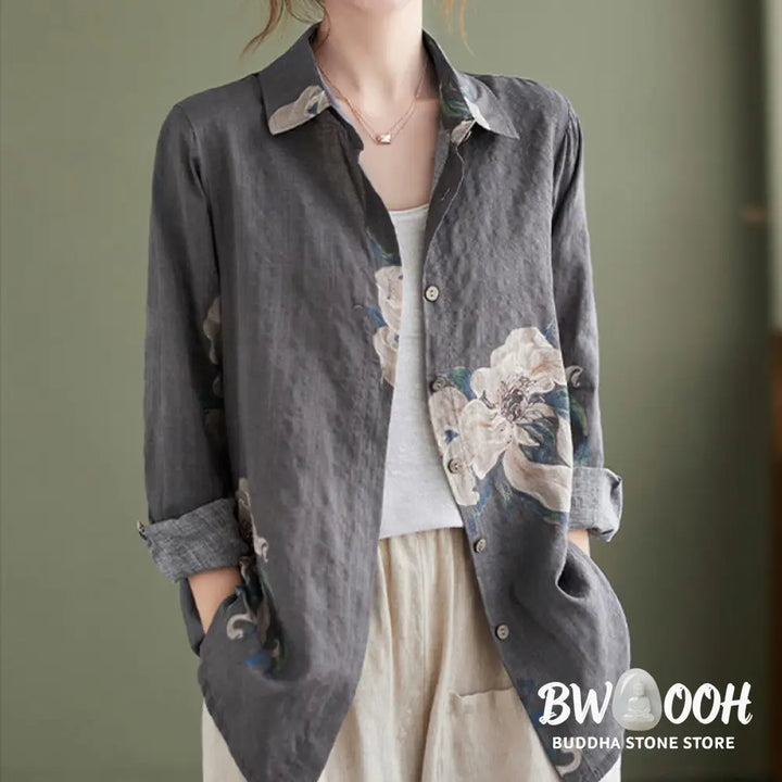 Buddha Stones Literary Artistic Flower Print Cotton Clothing - Women’s Shirts