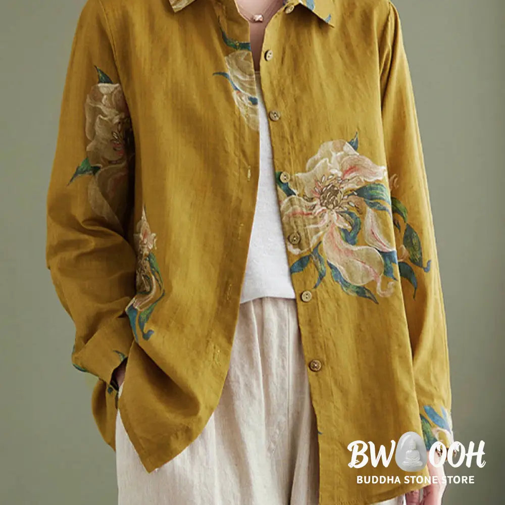 Buddha Stones Literary Artistic Flower Print Cotton Clothing - Women’s Shirts