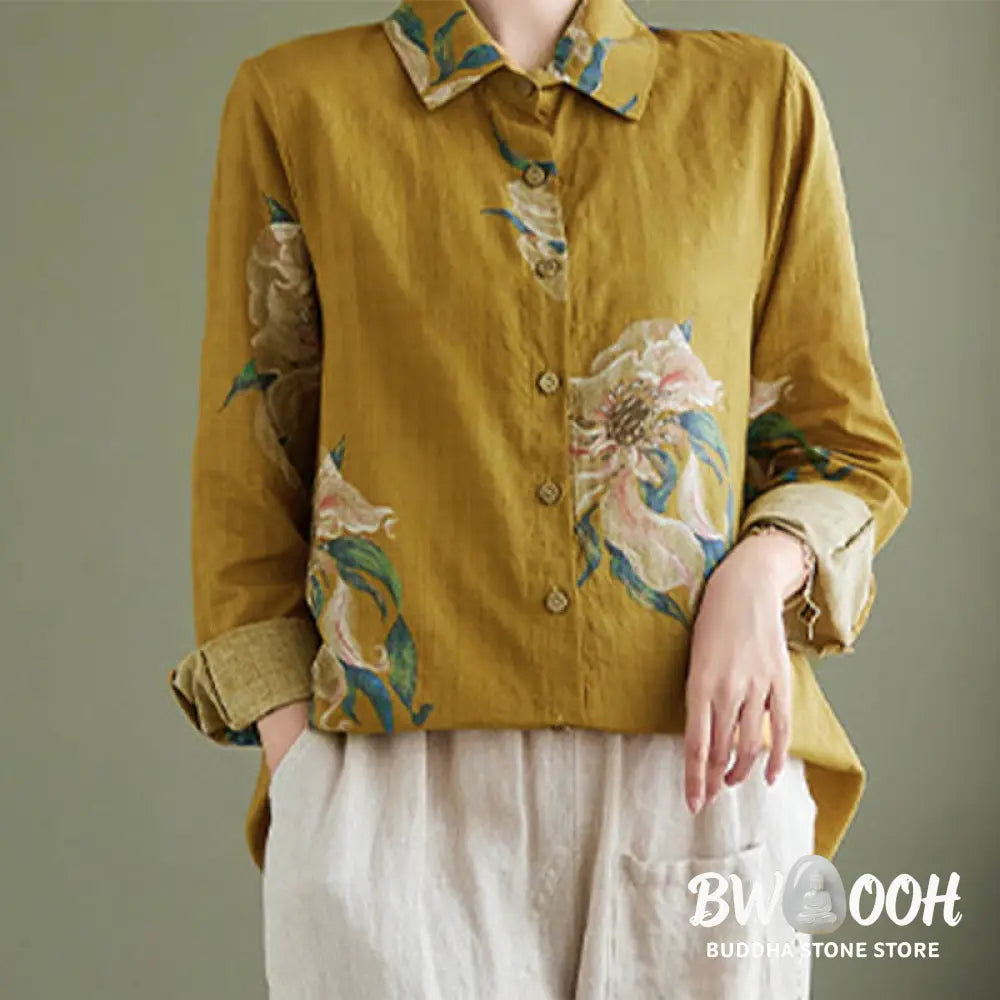 Buddha Stones Literary Artistic Flower Print Cotton Clothing - Women’s Shirts