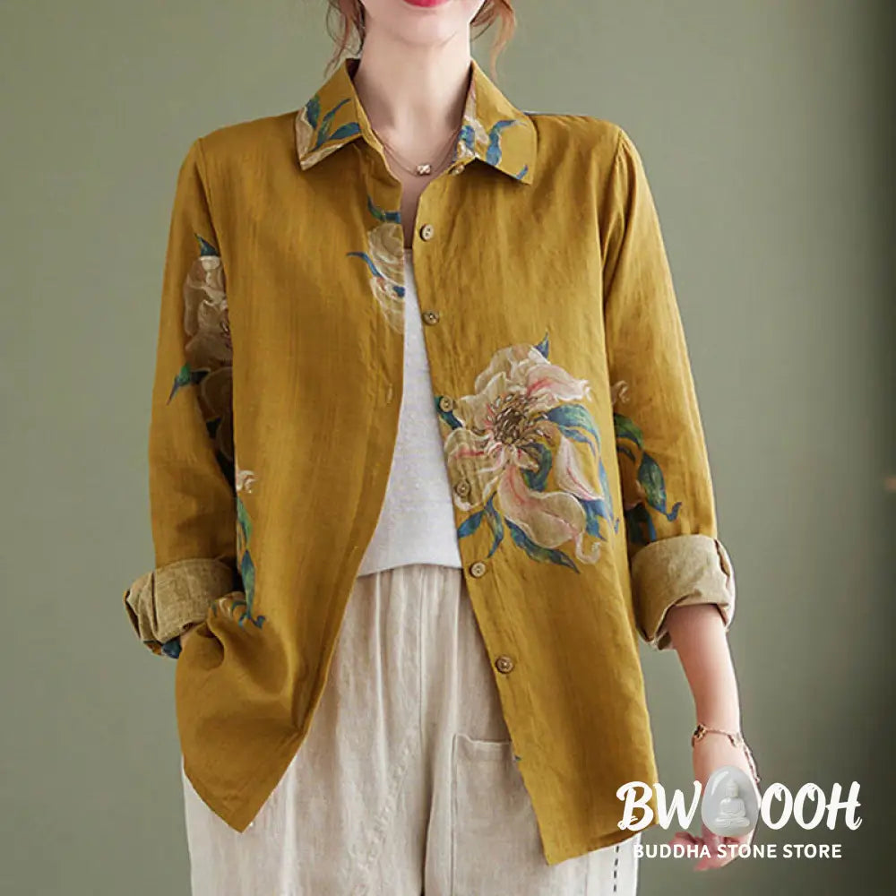 Buddha Stones Literary Artistic Flower Print Cotton Clothing - Women’s Shirts