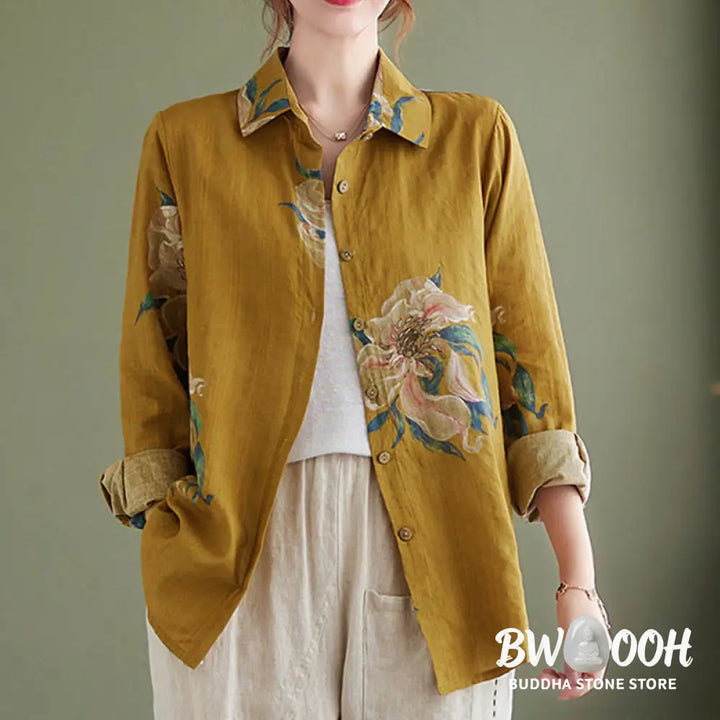 Buddha Stones Literary Artistic Flower Print Cotton Clothing - Women’s Shirts