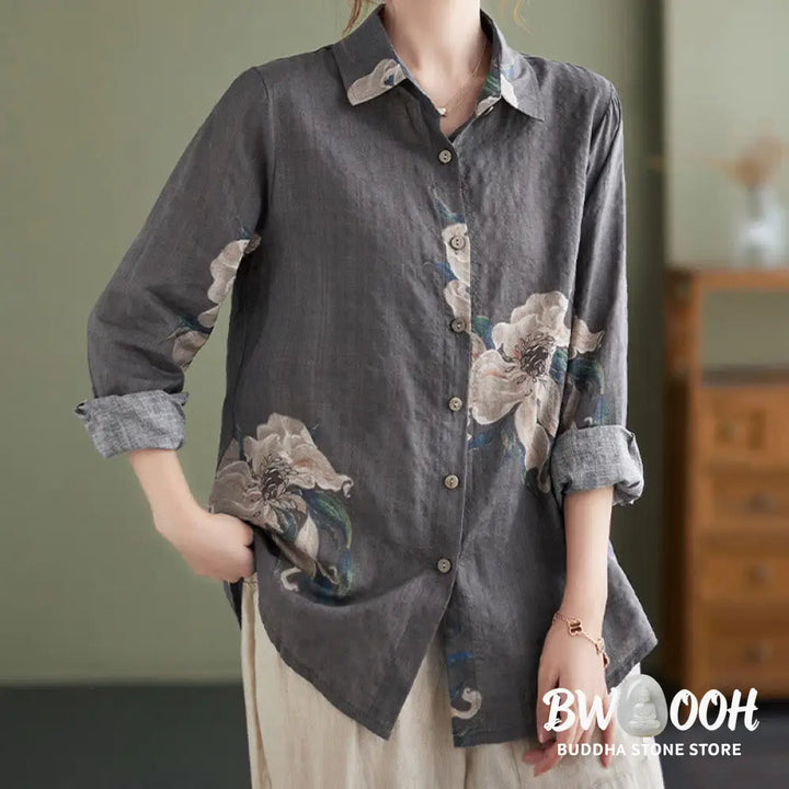 Buddha Stones Literary Artistic Flower Print Cotton Clothing - Women’s Shirts