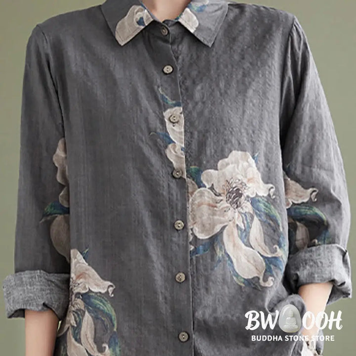 Buddha Stones Literary Artistic Flower Print Cotton Clothing - Women’s Shirts