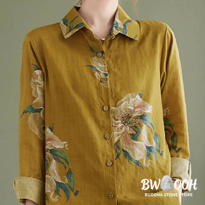 Buddha Stones Literary Artistic Flower Print Cotton Clothing - Women’s Shirts