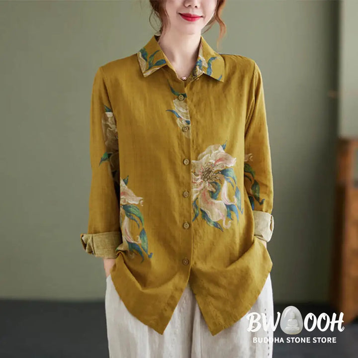 Buddha Stones Literary Artistic Flower Print Cotton Clothing - Women’s Shirts