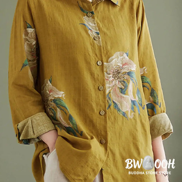 Buddha Stones Literary Artistic Flower Print Cotton Clothing - Women’s Shirts