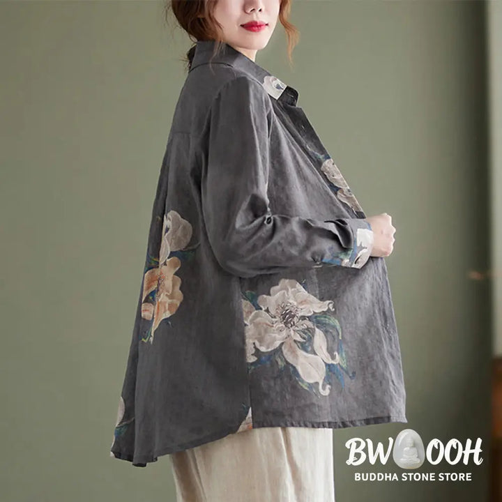 Buddha Stones Literary Artistic Flower Print Cotton Clothing - Women’s Shirts