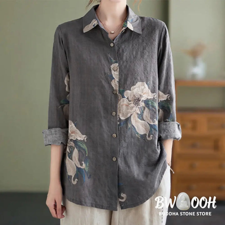 Buddha Stones Literary Artistic Flower Print Cotton Clothing - Women’s Shirts