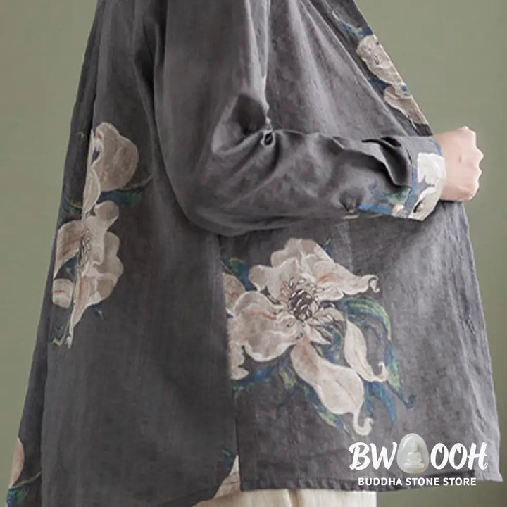 Buddha Stones Literary Artistic Flower Print Cotton Clothing - Women’s Shirts