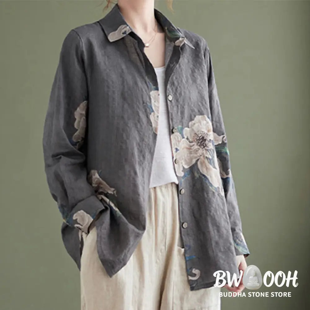 Buddha Stones Literary Artistic Flower Print Cotton Clothing - Women’s Shirts