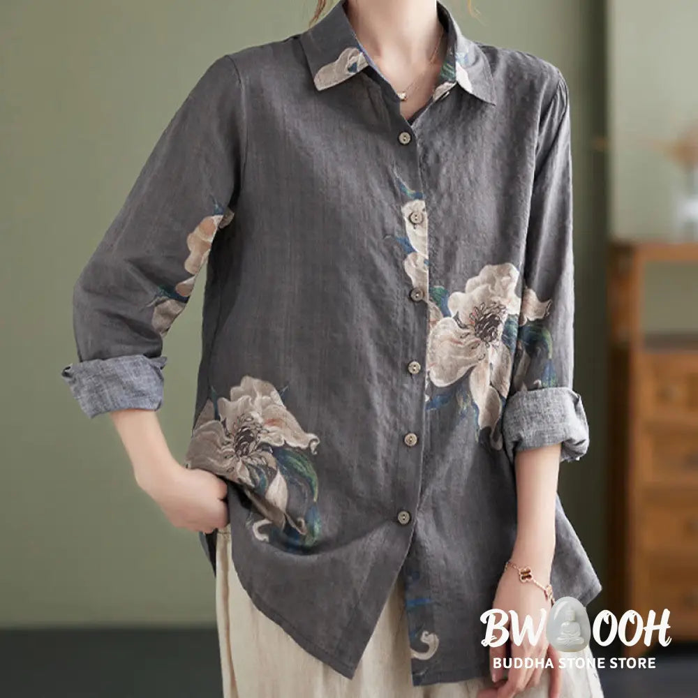 Buddha Stones Literary Artistic Flower Print Cotton Clothing - Women’s Shirts