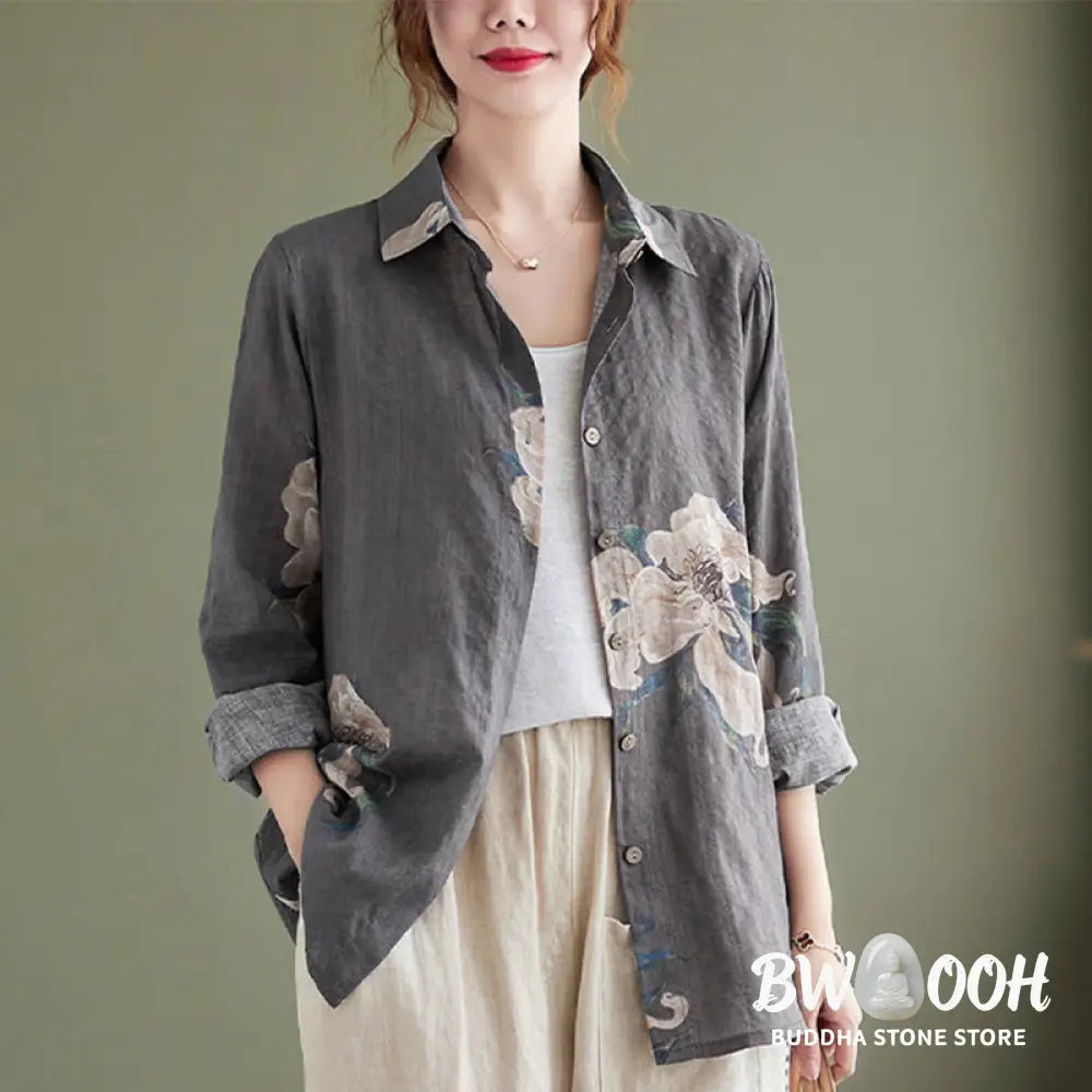 Buddha Stones Literary Artistic Flower Print Cotton Clothing - Women’s Shirts