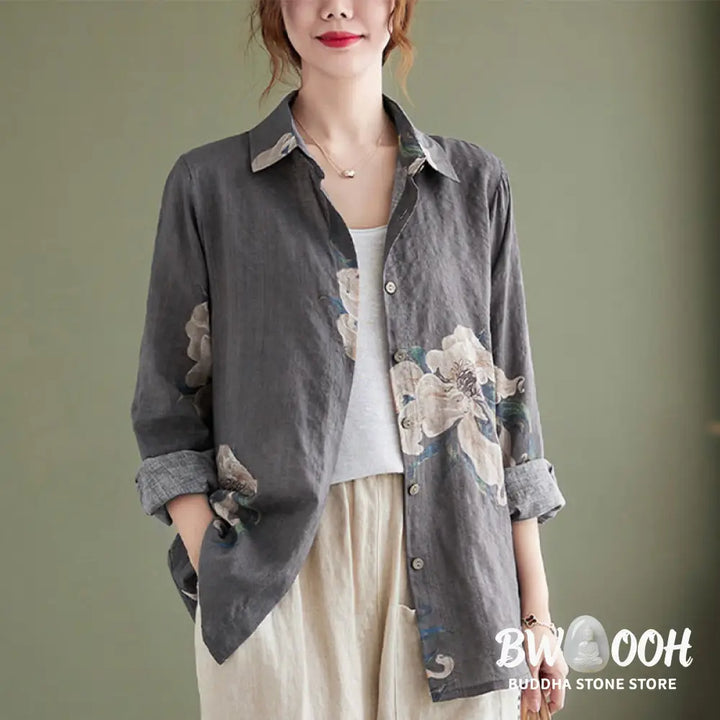 Buddha Stones Literary Artistic Flower Print Cotton Clothing - Women’s Shirts