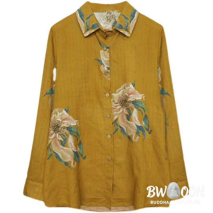 Buddha Stones Literary Artistic Flower Print Cotton Clothing - Women’s Shirts