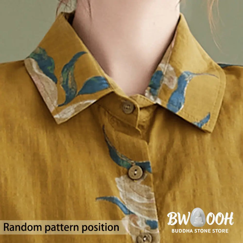 Buddha Stones Literary Artistic Flower Print Cotton Clothing - Women’s Shirts