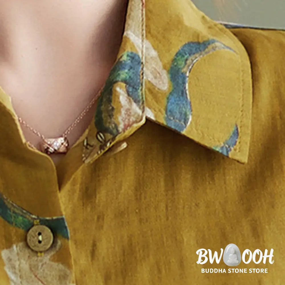 Buddha Stones Literary Artistic Flower Print Cotton Clothing - Women’s Shirts