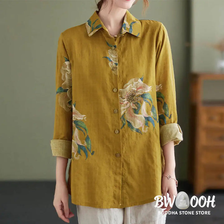 Buddha Stones Literary Artistic Flower Print Cotton Clothing - Women’s Shirts