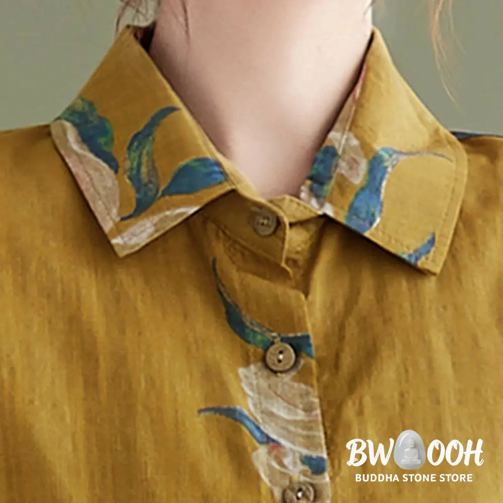 Buddha Stones Literary Artistic Flower Print Cotton Clothing - Women’s Shirts