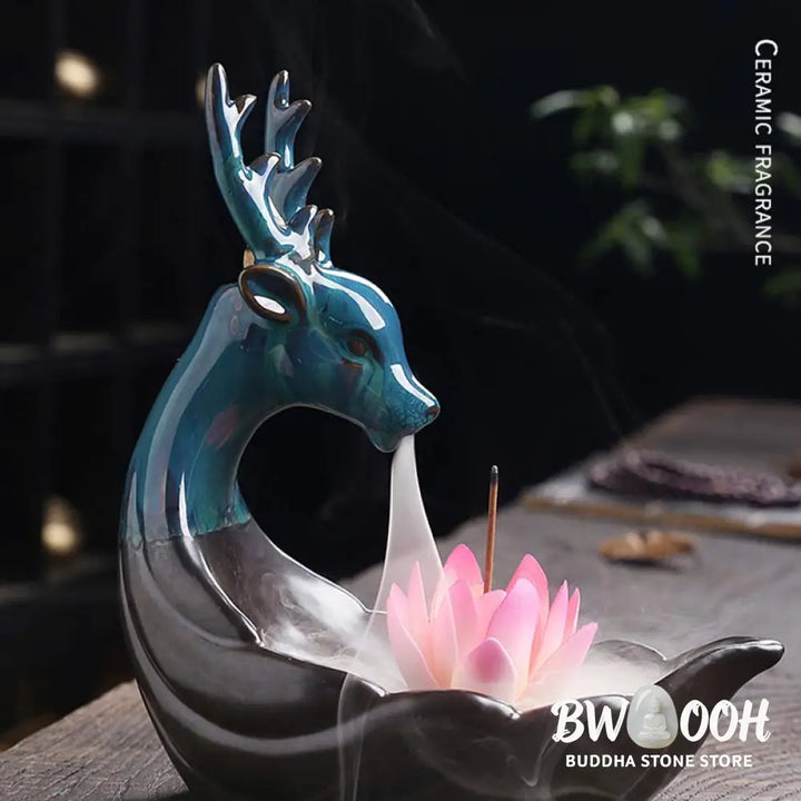 BWOOOH Little Deer Ceramic Lotus Meditation Incense Burner Decoration - Decorations Incense Burner