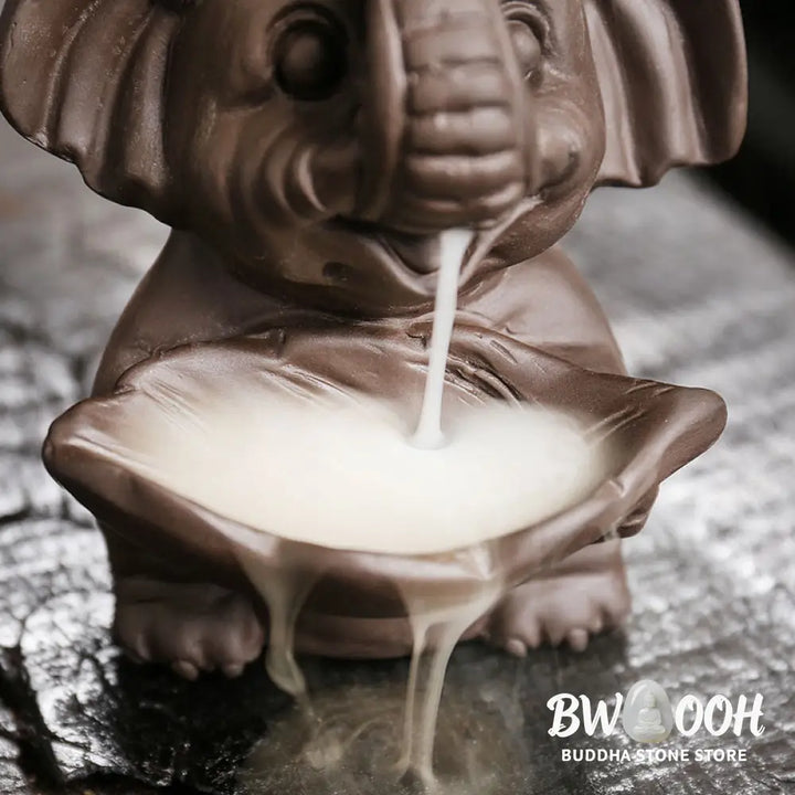 BWOOOH handcrafted backflow incense burner - Little Elephant Holding Leaf Purple