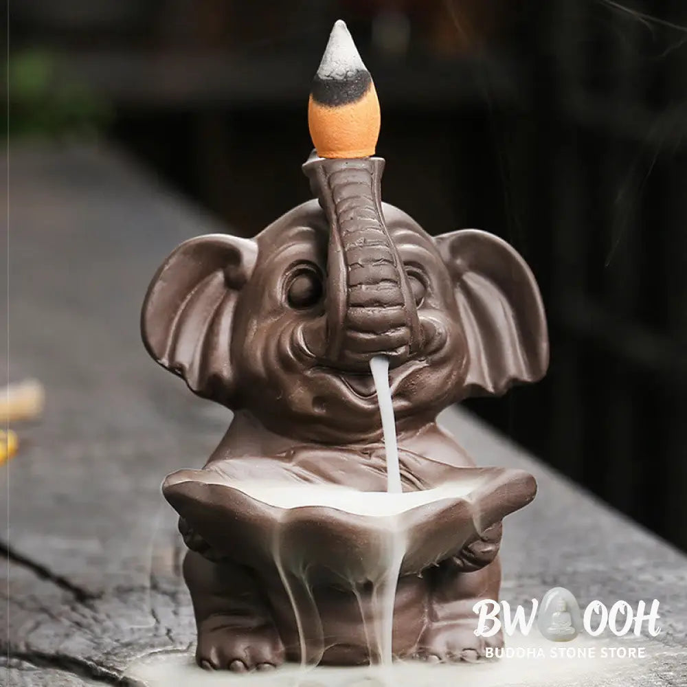 BWOOOH handcrafted backflow incense burner - Little Elephant Holding Leaf Purple