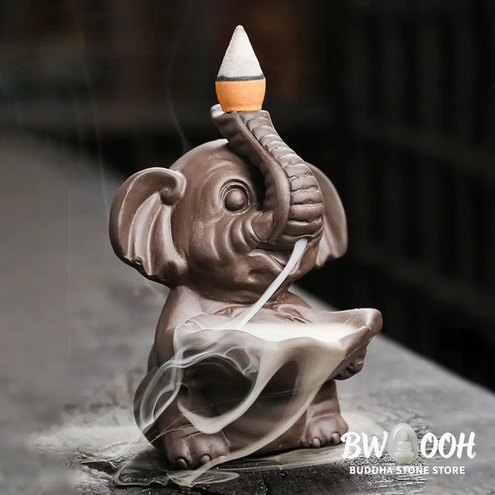 BWOOOH handcrafted backflow incense burner - Little Elephant Holding Leaf Purple