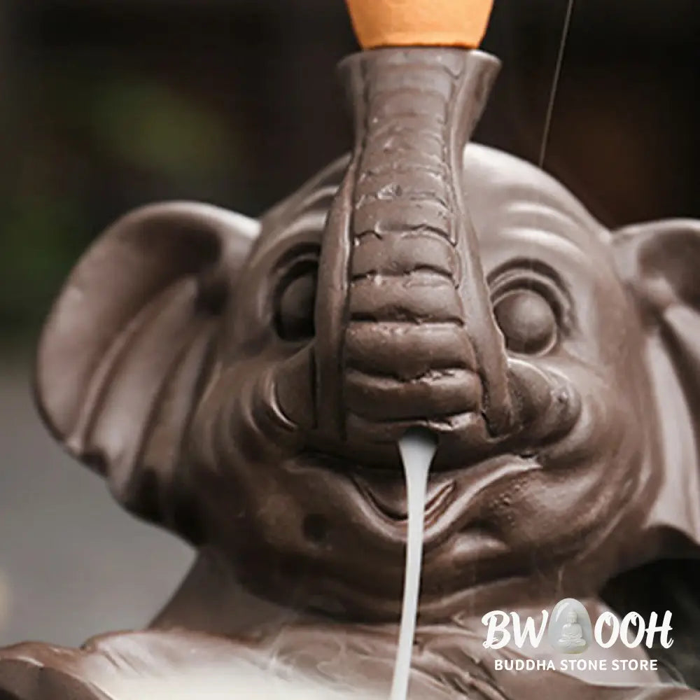 BWOOOH handcrafted backflow incense burner - Little Elephant Holding Leaf Purple