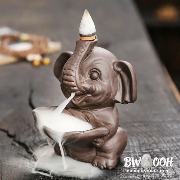 BWOOOH handcrafted backflow incense burner - Little Elephant Holding Leaf Purple