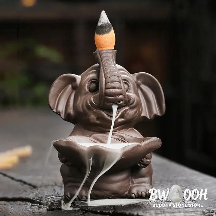 BWOOOH handcrafted backflow incense burner - Little Elephant Holding Leaf Purple