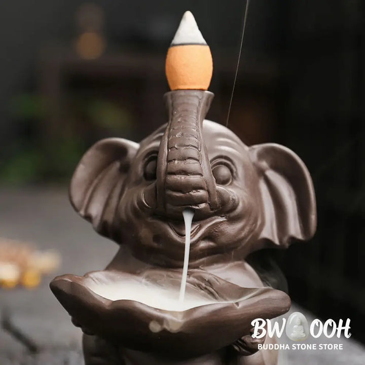 BWOOOH handcrafted backflow incense burner - Little Elephant Holding Leaf Purple