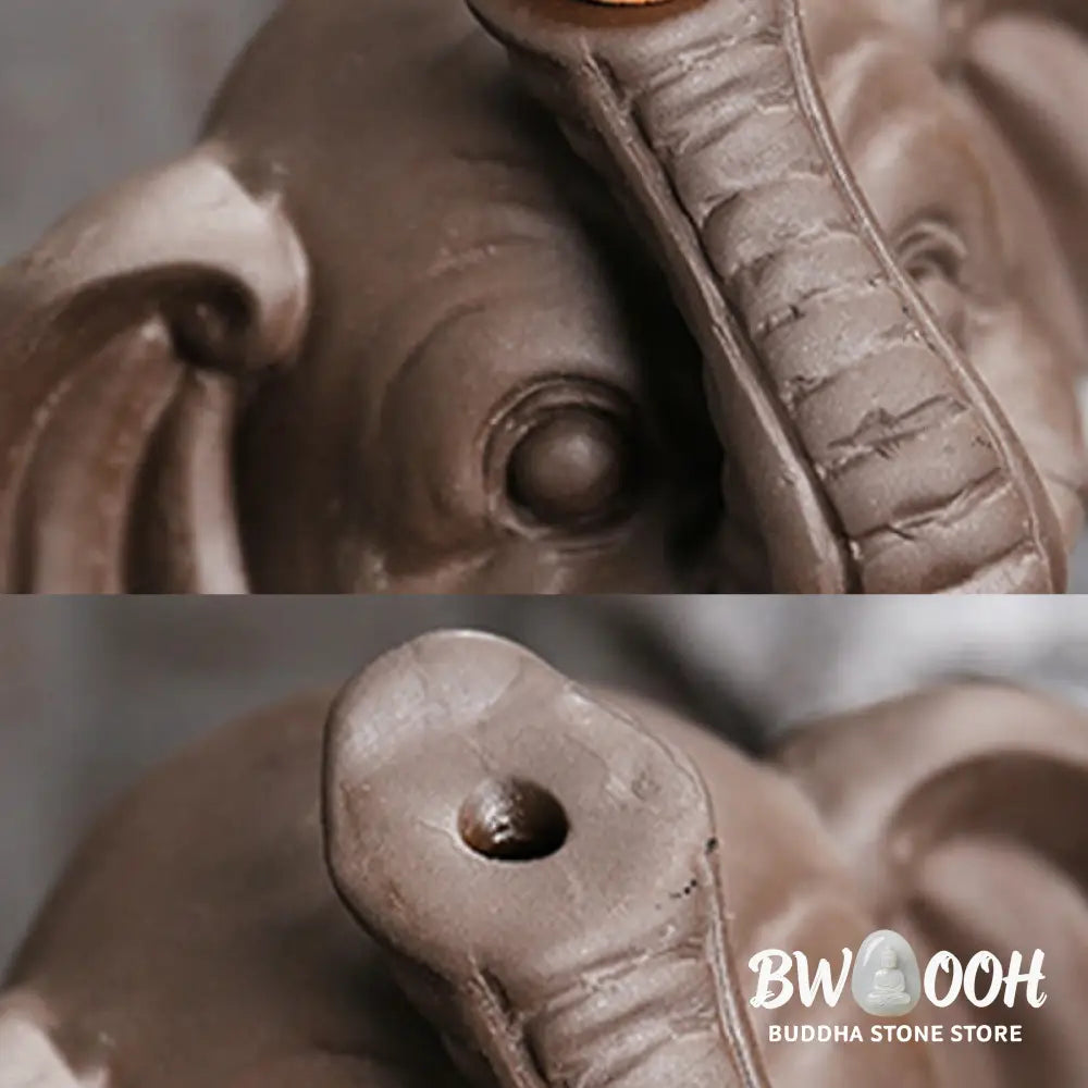 BWOOOH handcrafted backflow incense burner - Little Elephant Holding Leaf Purple