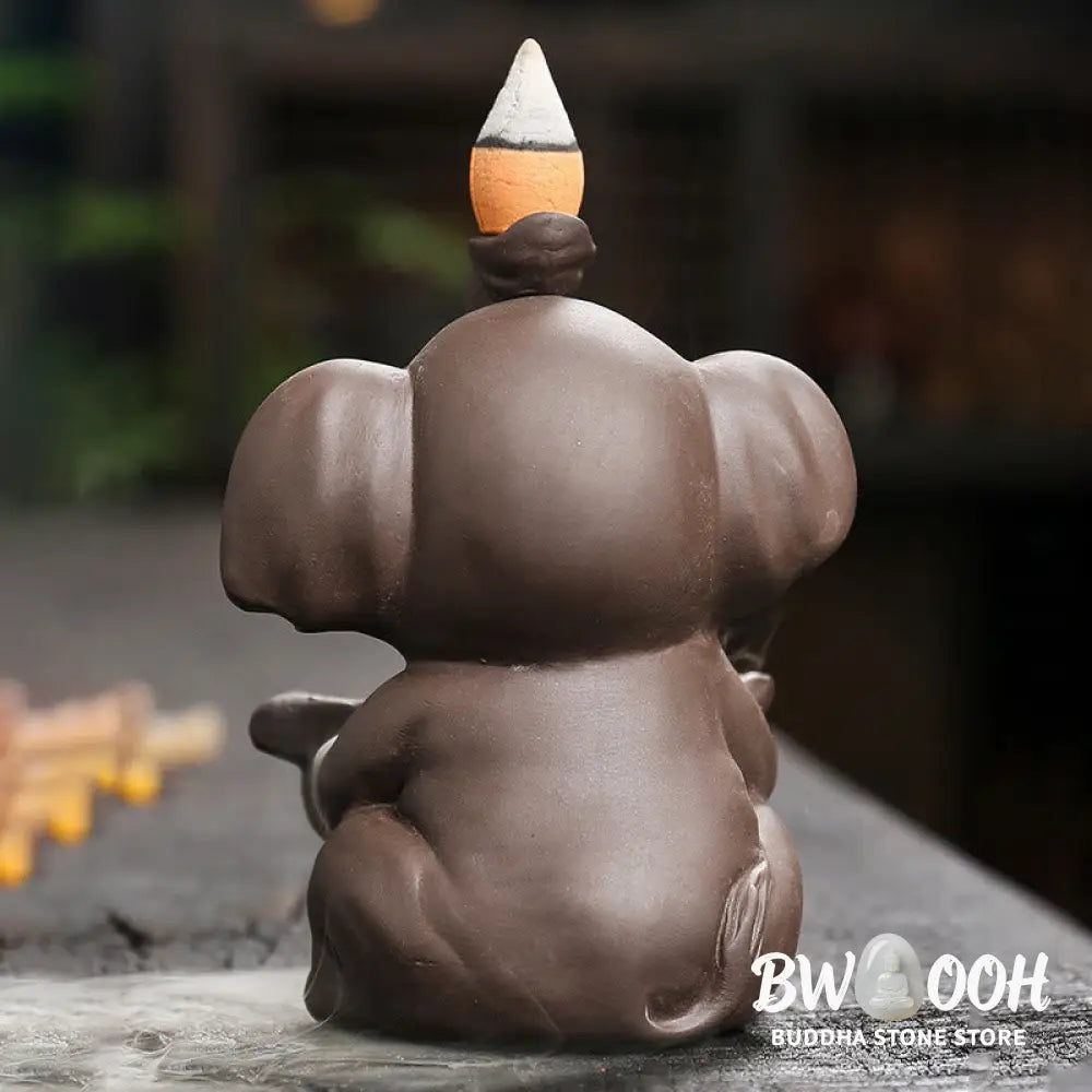 BWOOOH handcrafted backflow incense burner - Little Elephant Holding Leaf Purple