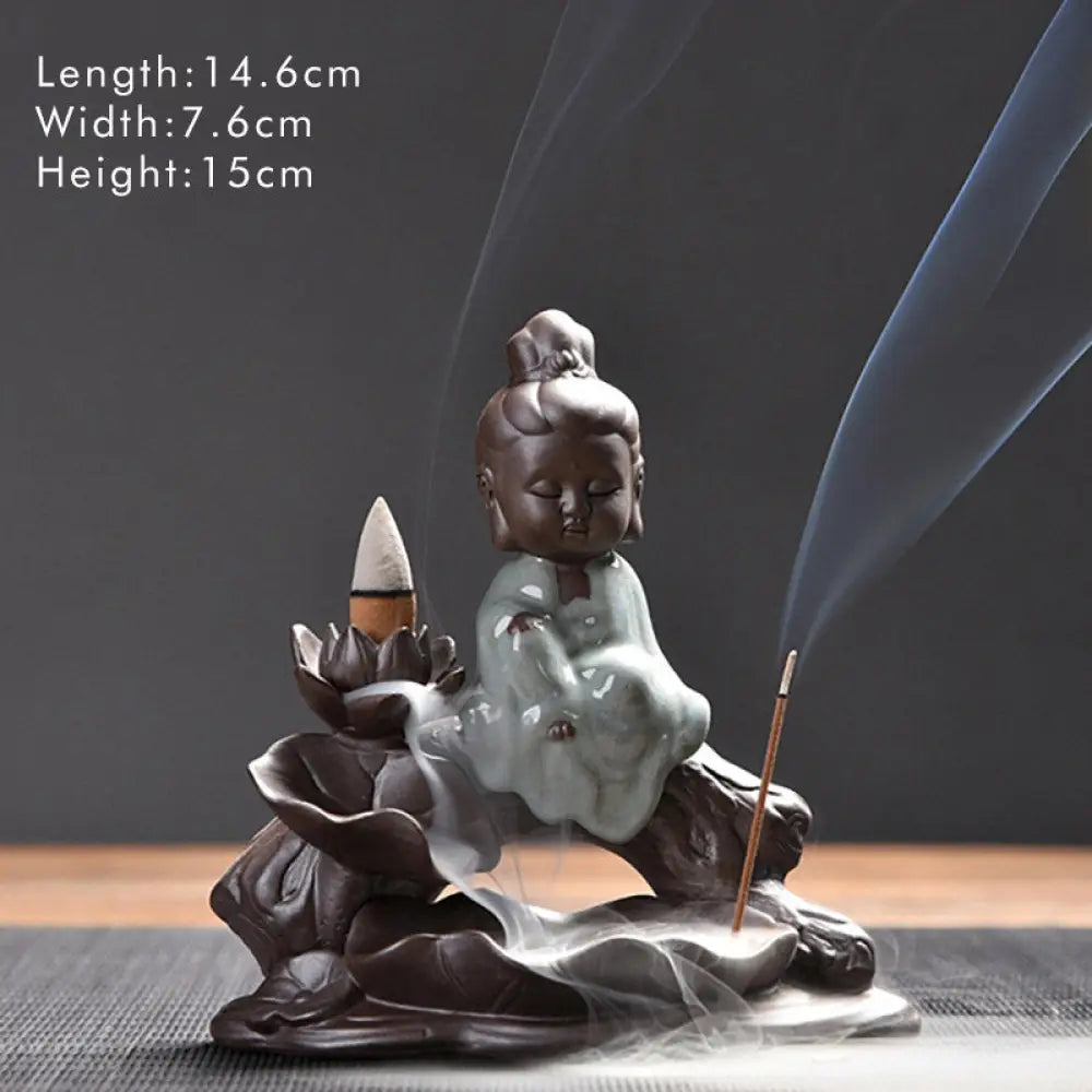 BWOOOH Little Monk Ceramic Lotus Blessing Incense Burner Decoration - Little Avalokitesvara - Decorations