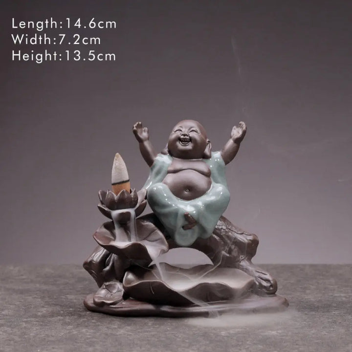 BWOOOH Little Monk Ceramic Lotus Blessing Incense Burner Decoration - Fortune Buddha - Decorations Incense Burner