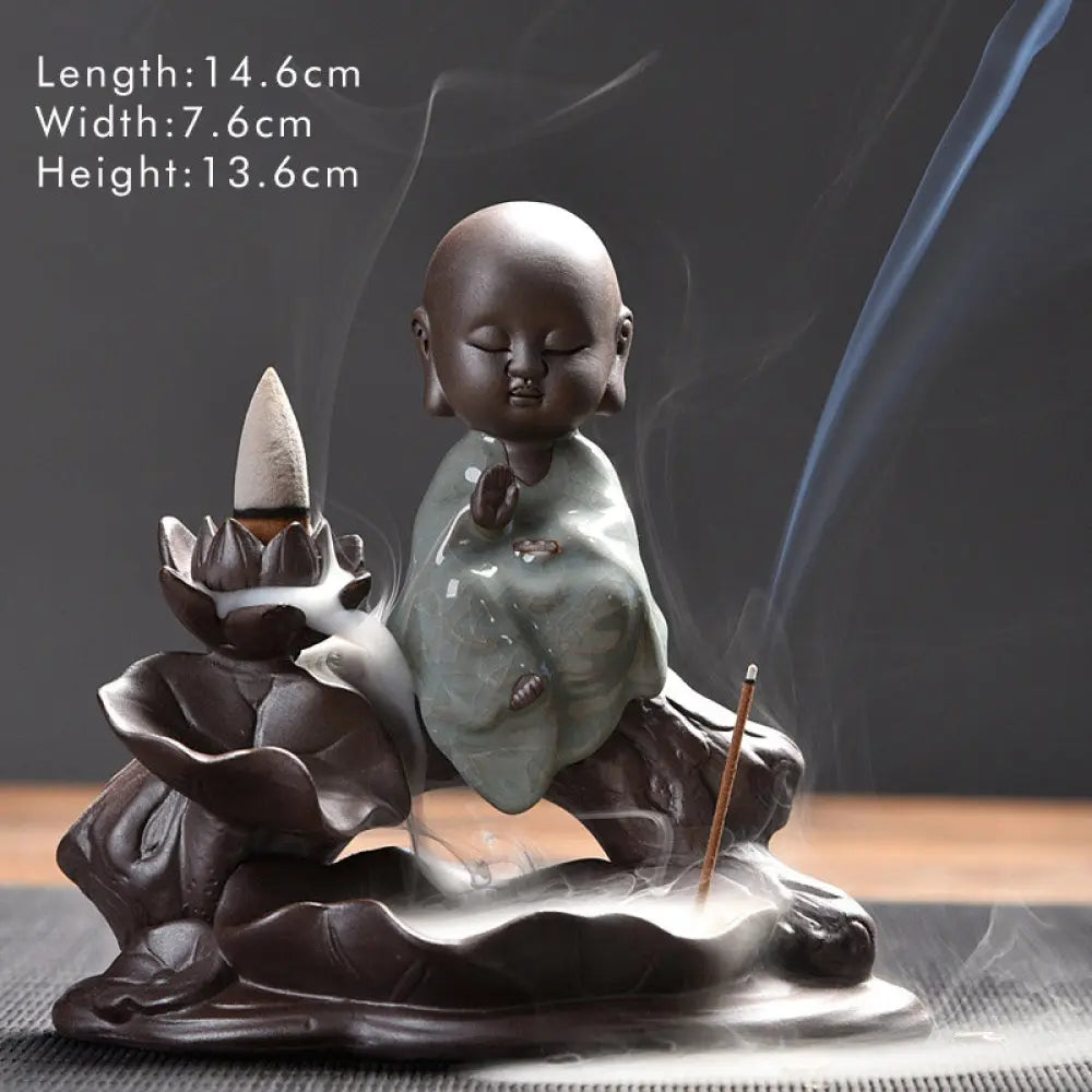 BWOOOH Little Monk Ceramic Lotus Blessing Incense Burner Decoration - Little Ksitigarbha Bodhisattva