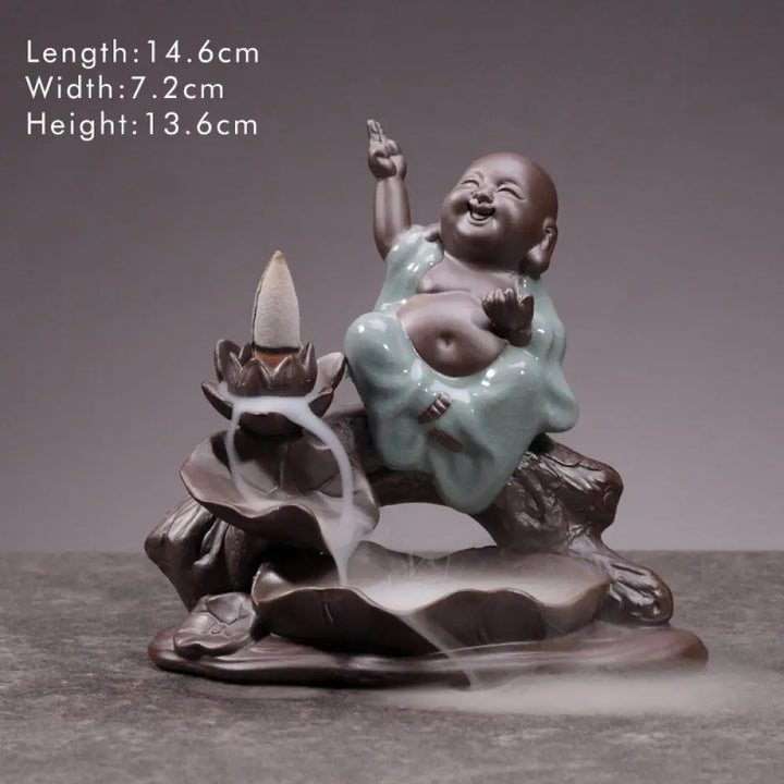 BWOOOH Little Monk Ceramic Lotus Blessing Incense Burner Decoration - Laughing Buddha - Decorations Incense