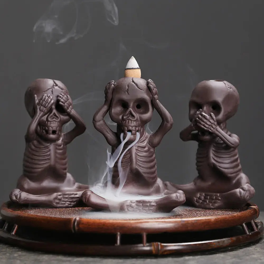 BWOOOH Little Skull Ghost Purple Clay Backflow Smoke Fountain Peace Incense Burner Decoration - 3Pcs Little