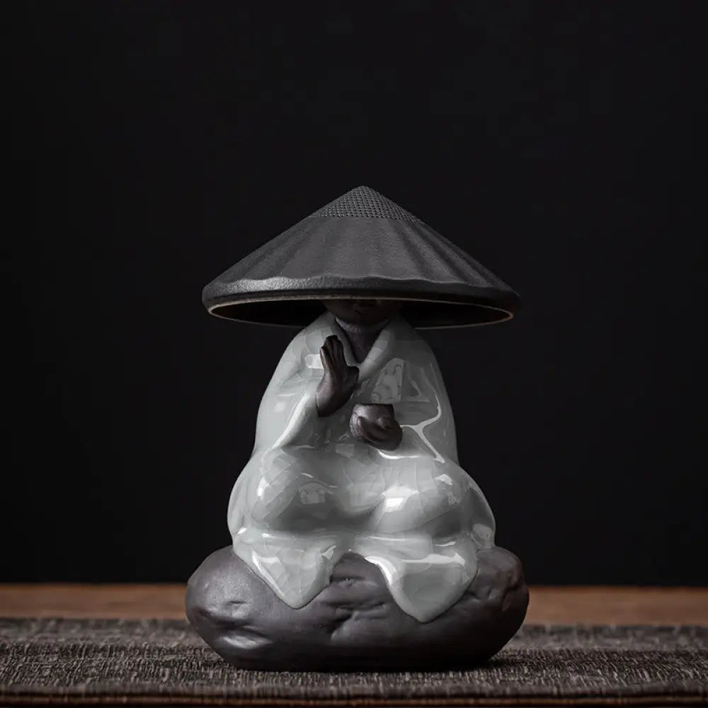 Buddha Stones Little Zen Monk Hat Strainer Ceramic Tea Accessories Figurine Home Decoration - Crack Pattern Monk Black