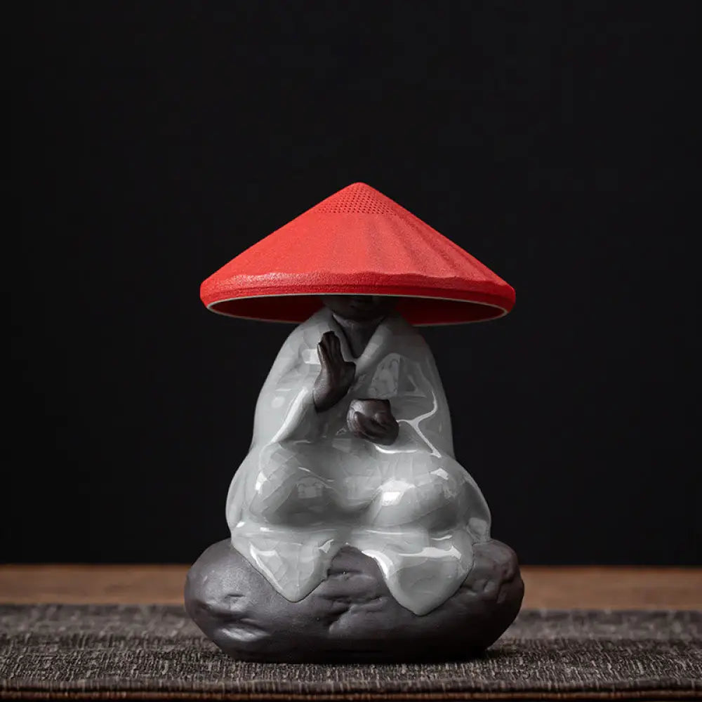 Buddha Stones Little Zen Monk Hat Strainer Ceramic Tea Accessories Figurine Home Decoration - Crack Pattern Monk Red