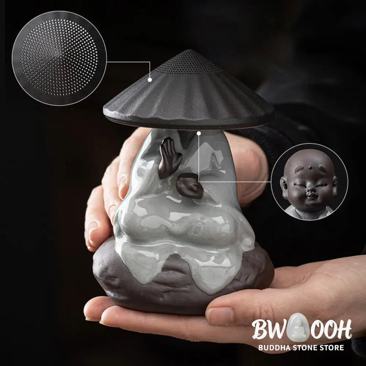 Buddha Stones Little Zen Monk Hat Strainer Ceramic Tea Accessories Figurine Home Decoration - Decorations