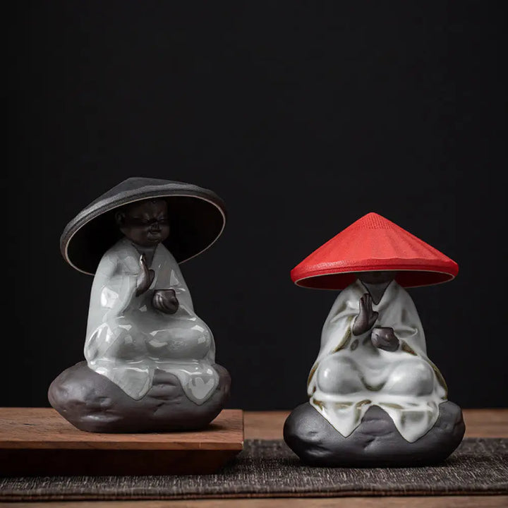 Buddha Stones Little Zen Monk Hat Strainer Ceramic Tea Accessories Figurine Home Decoration - Decorations