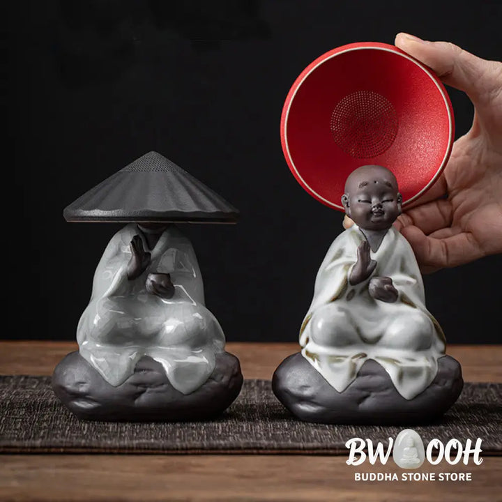 Buddha Stones Little Zen Monk Hat Strainer Ceramic Tea Accessories Figurine Home Decoration - Decorations