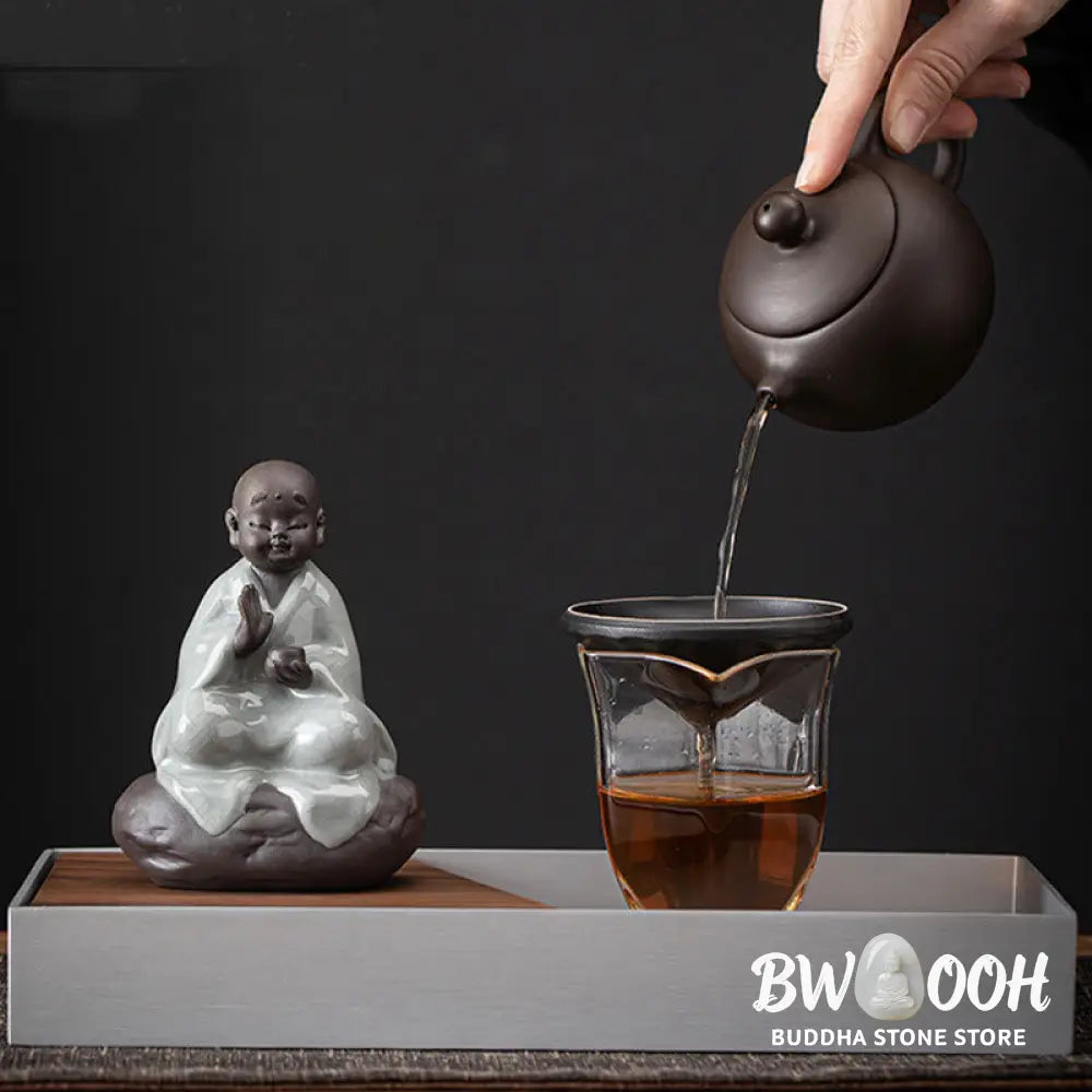 Buddha Stones Little Zen Monk Hat Strainer Ceramic Tea Accessories Figurine Home Decoration - Decorations