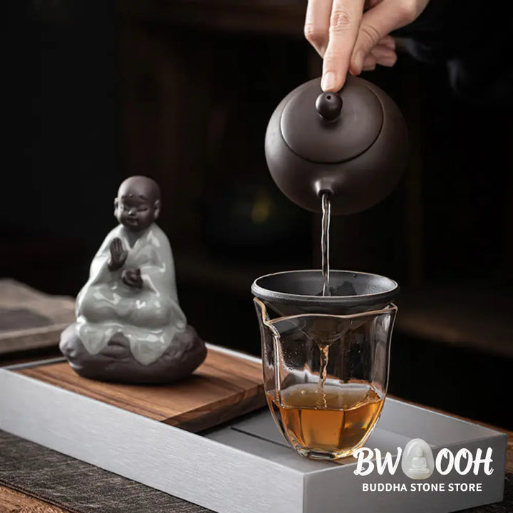 Buddha Stones Little Zen Monk Hat Strainer Ceramic Tea Accessories Figurine Home Decoration - Decorations