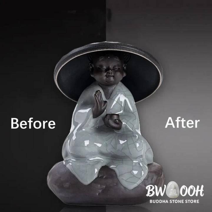 Buddha Stones Little Zen Monk Hat Strainer Ceramic Tea Accessories Figurine Home Decoration - Decorations